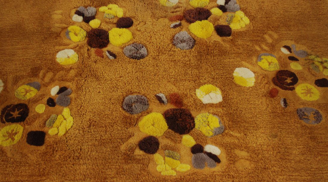 Edward Fields: Earth tone color background and various geometric shapes. Signed on corners.100% Virgin Wool. 85.5 x 65.5