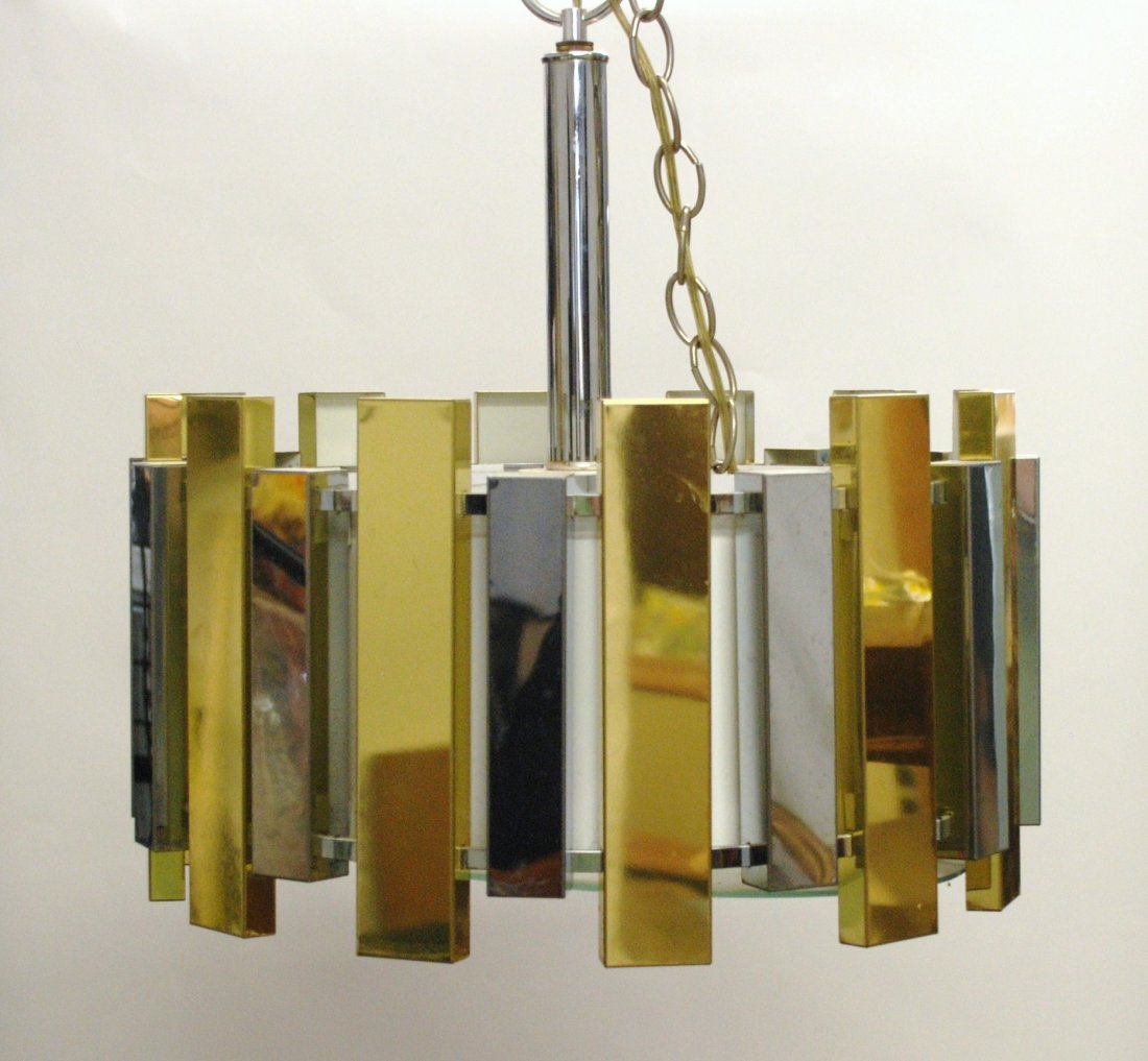 Robert Sonneman: Chrome, brass and acrylic rectangles on circular chandelier. 17.25W x 17.25D x 19H