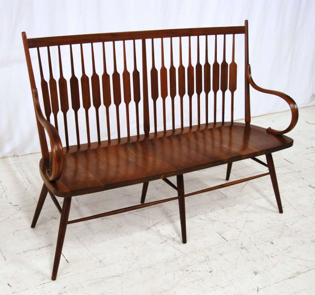 Kipp Stewart and Steven MacDougall: Walnut arrow back bench, bentwood arms, tapered legs and stretcher. MFG. by Drexel.53W x 18.5D x 39.25H