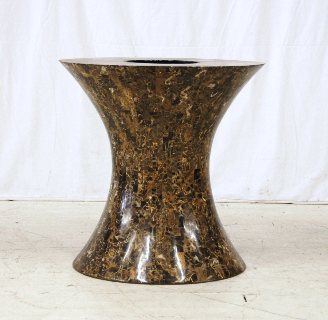 Maitland Smith: Faux marble and tessellated stone pedestal with built-in planter. Partial labeled underside. 27 round. 27H