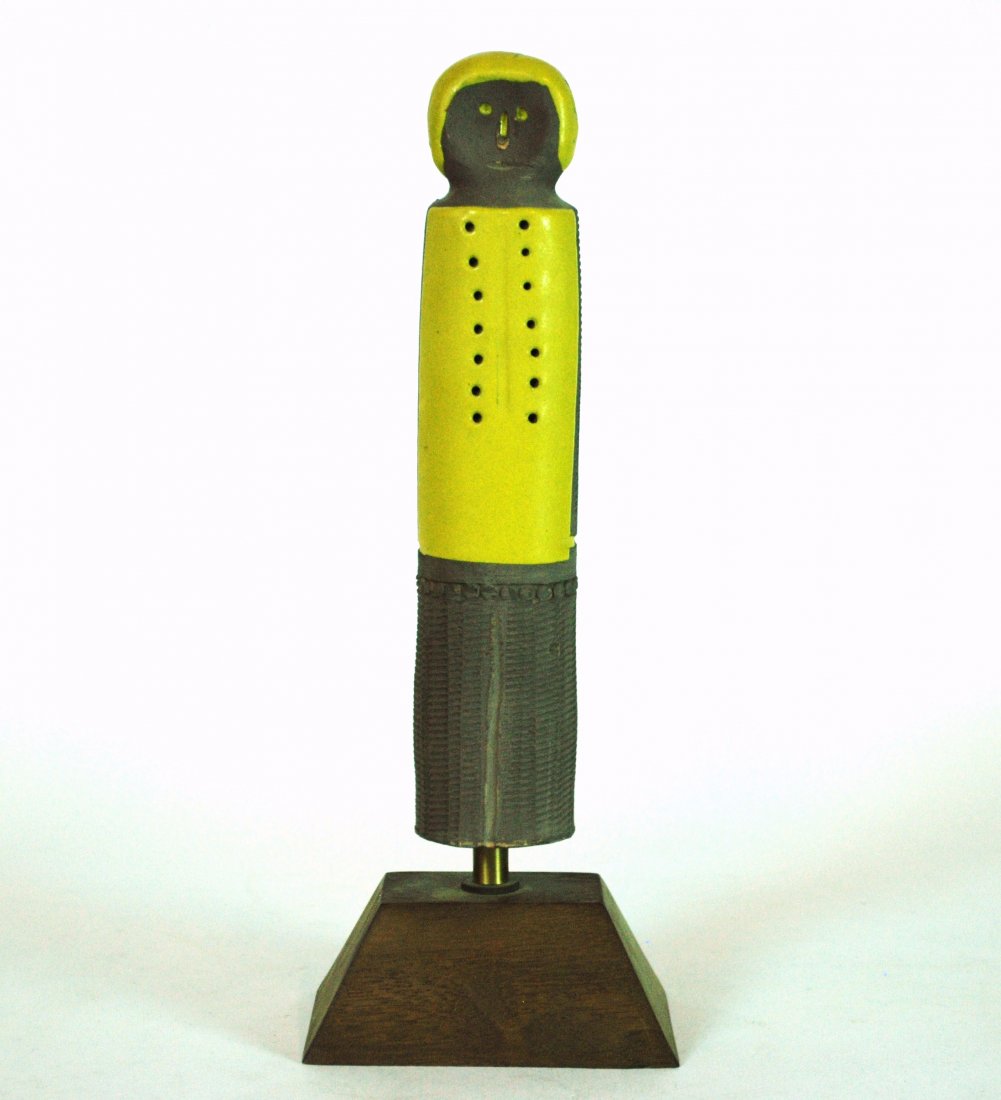 Bitossi: Cool slender ceramic figure mounted on wooden base. Manufactured by Raymor. 4.5W x 3.5D x 12.75H