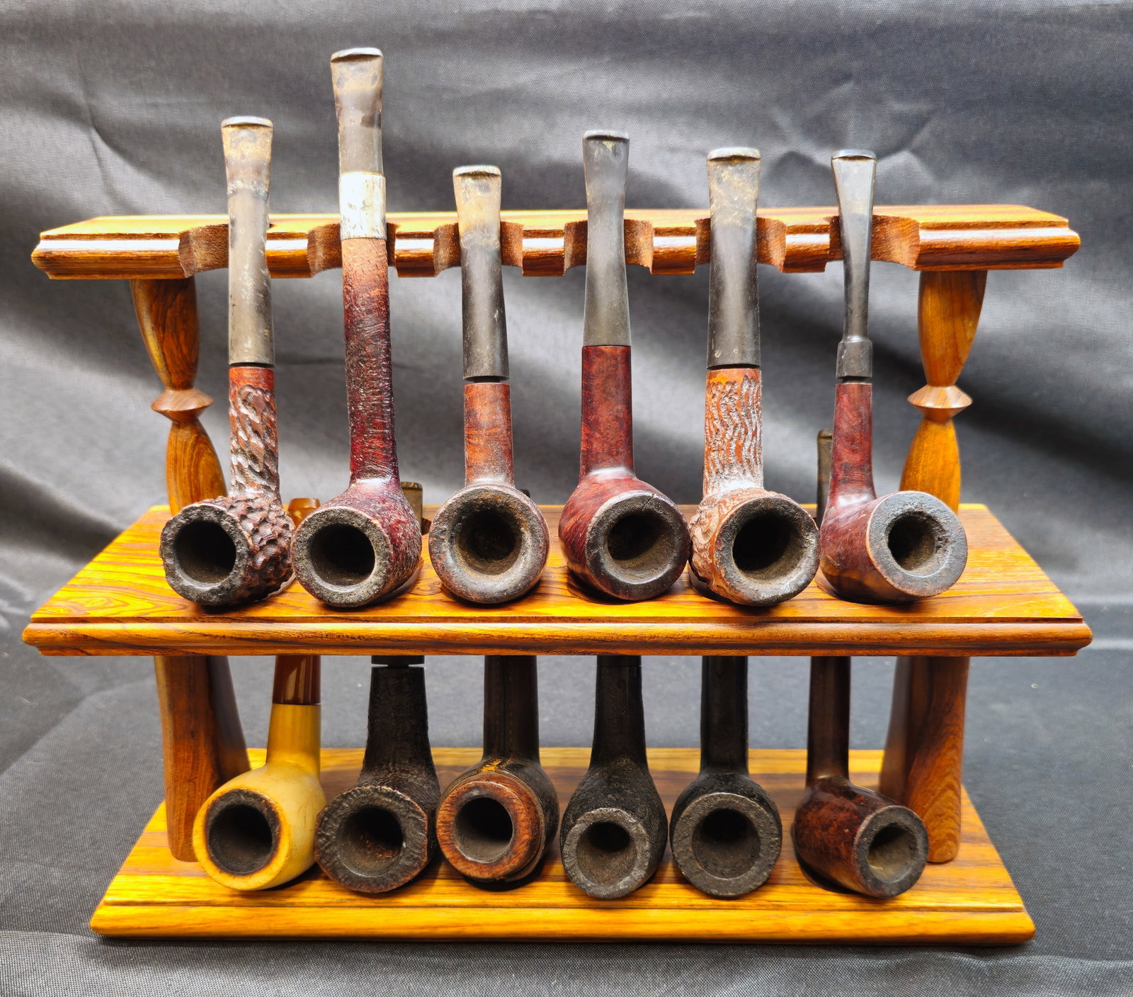 Twelve Smoking Pipes with Two-Tier Wooden Pipe Rack (1 of 11)