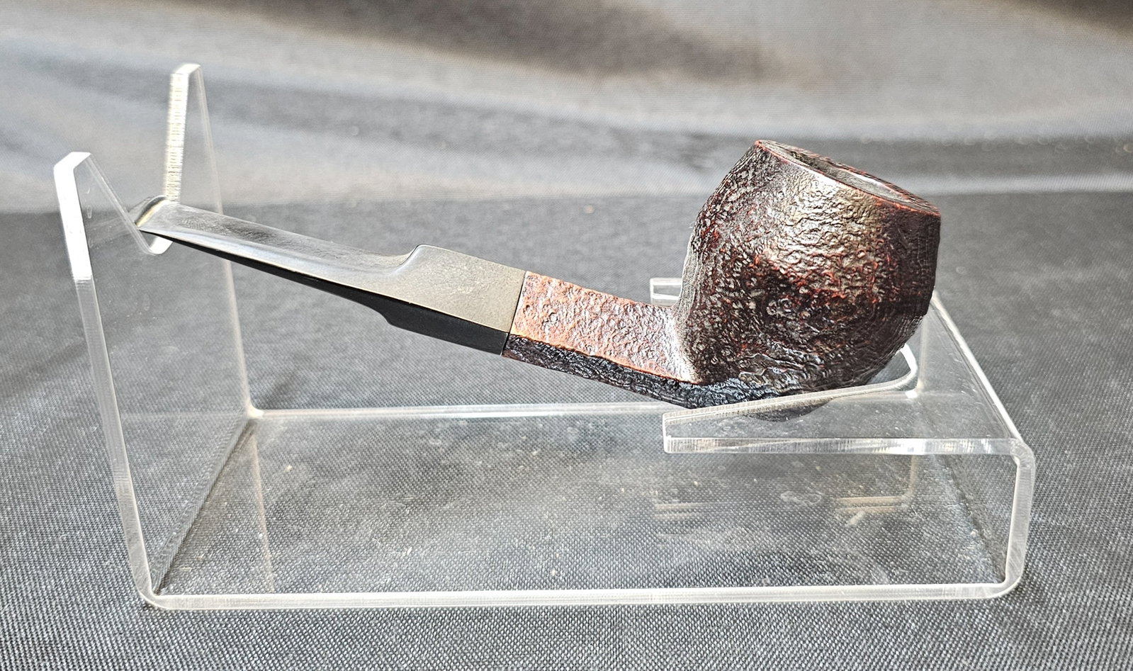 Dunhill Shell 90 Briar Pipe: Dunhill Shell 90. English briar tobacco pipe with dark sandblasted finish, angular shank and black mouthpiece with white dot logo. Stamped "90," "DUNHILL SHELL," "MADE IN ENGLAND," and "4S."