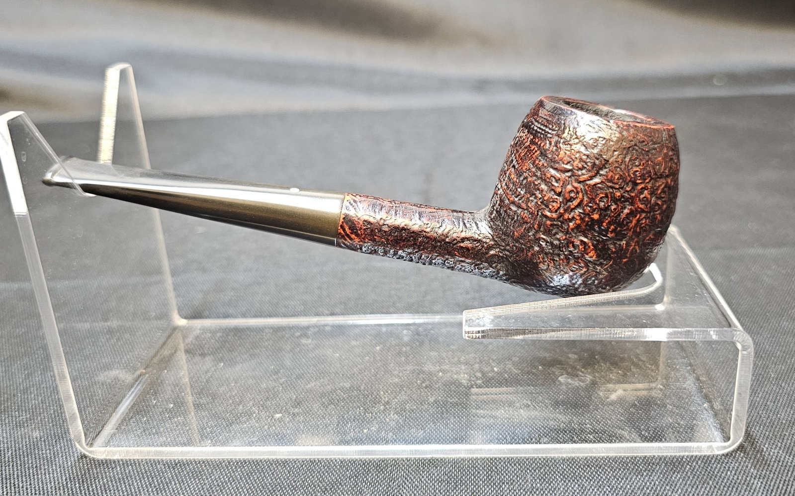 Dunhill Shell Briar K: Dunhill Shell Briar K. English briar tobacco pipe with dark sandblasted finish, straight form and black mouthpiece with white dot logo. Stamped "K," "DUNHILL SHELL BRIAR," and "MADE IN ENGLAND."