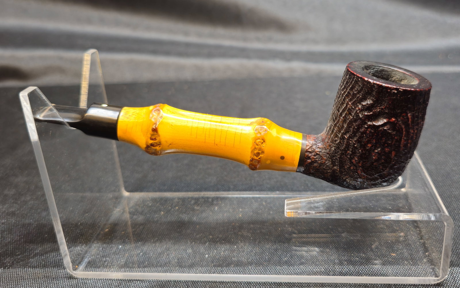 Dunhill Shell Briar 411WA Bamboo Pipe: Dunhill Shell Briar 411WA Bamboo Pipe. English briar tobacco pipe with a sandblasted dark Shell Briar finish, distinctive natural bamboo shank extension, and black vulcanite stem with Dunhill white
