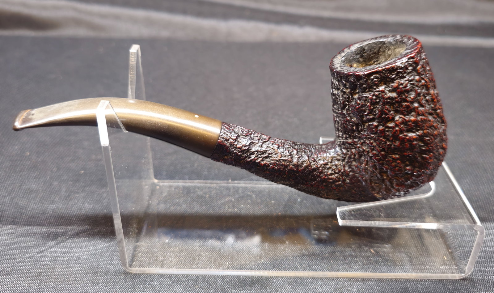 Dunhill Shell Briar 6120 Pipe: Dunhill Shell Briar 6120 Pipe. English briar tobacco pipe with deeply sandblasted dark finish, bent stem and black mouthpiece with Dunhill White Spot. Stamped "6120," "DUNHILL SHELL BRIAR" and "MADE