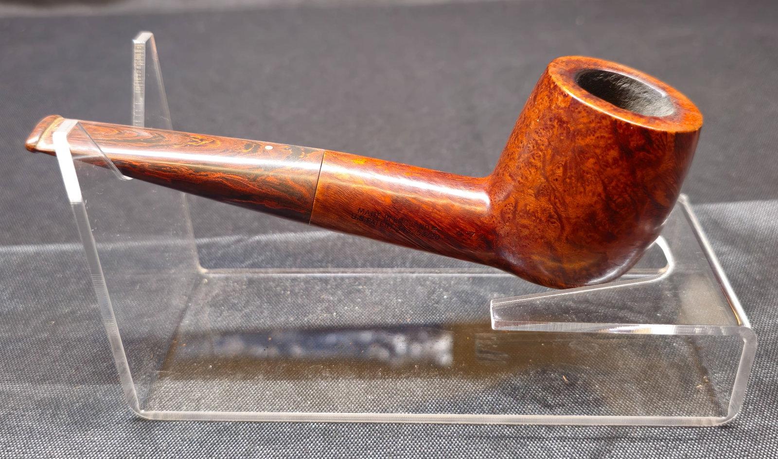 Dunhill London 472 Patent Briar Pipe: Dunhill London 472 Patent Briar Pipe. English briar tobacco pipe with polished warm brown finish, straight form and matching marbled mouthpiece. Stamped "DUNHILL LONDON," "MADE IN ENGLAND" and "472,"