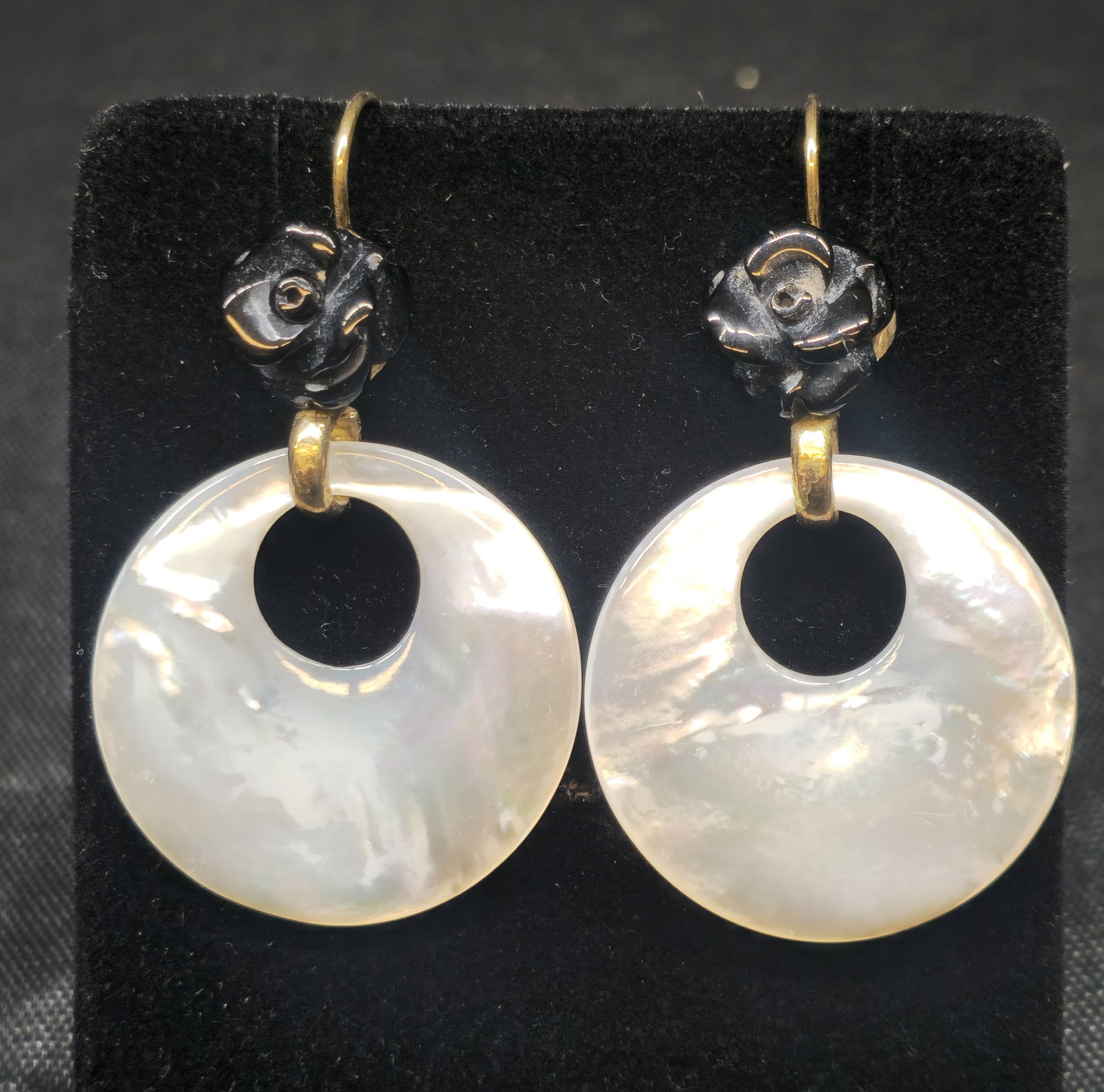 Mother-of-Pearl & Carved Black Rose Drop Earrings (1 of 5)