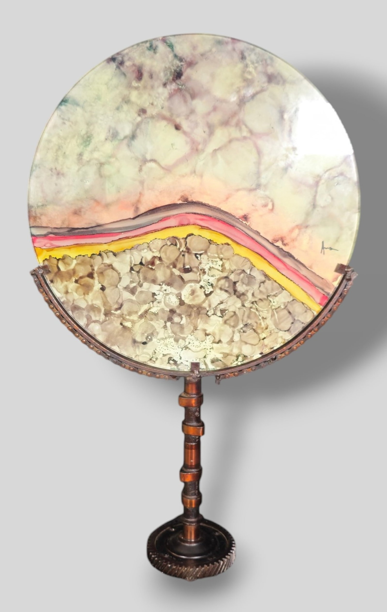 Industrial Steel Signed Reverse Painted Disk Sculpture: Industrial Steel Signed Reverse Painted Disk Sculpture. 1978. Signed right margin. Patinated steel and glass. 17 1/4w x 5 1/4d x 28 1/4h.