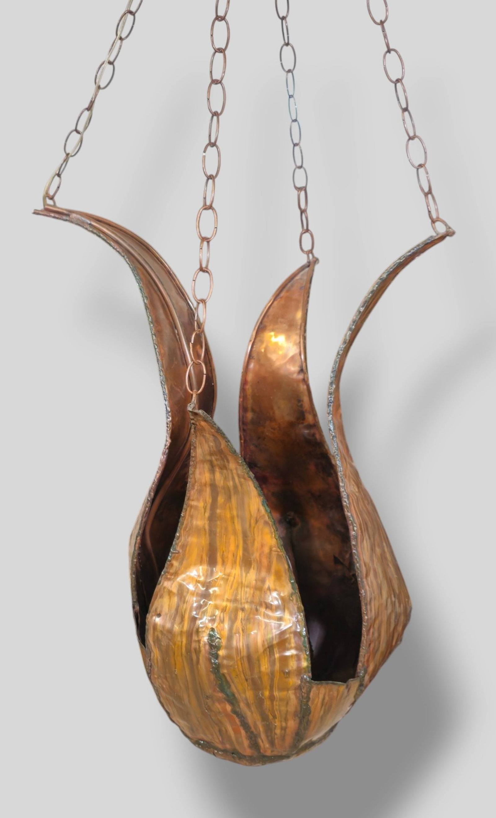 Tom Greene Attribution Hanging Light Fixture: Tom Greene Attribution Hanging Brutalist Light Fixture. Feldman. USA. 1970s. Torch cut metal and brass. 23 1/2w x 22 1/4d x 30 1/2h.