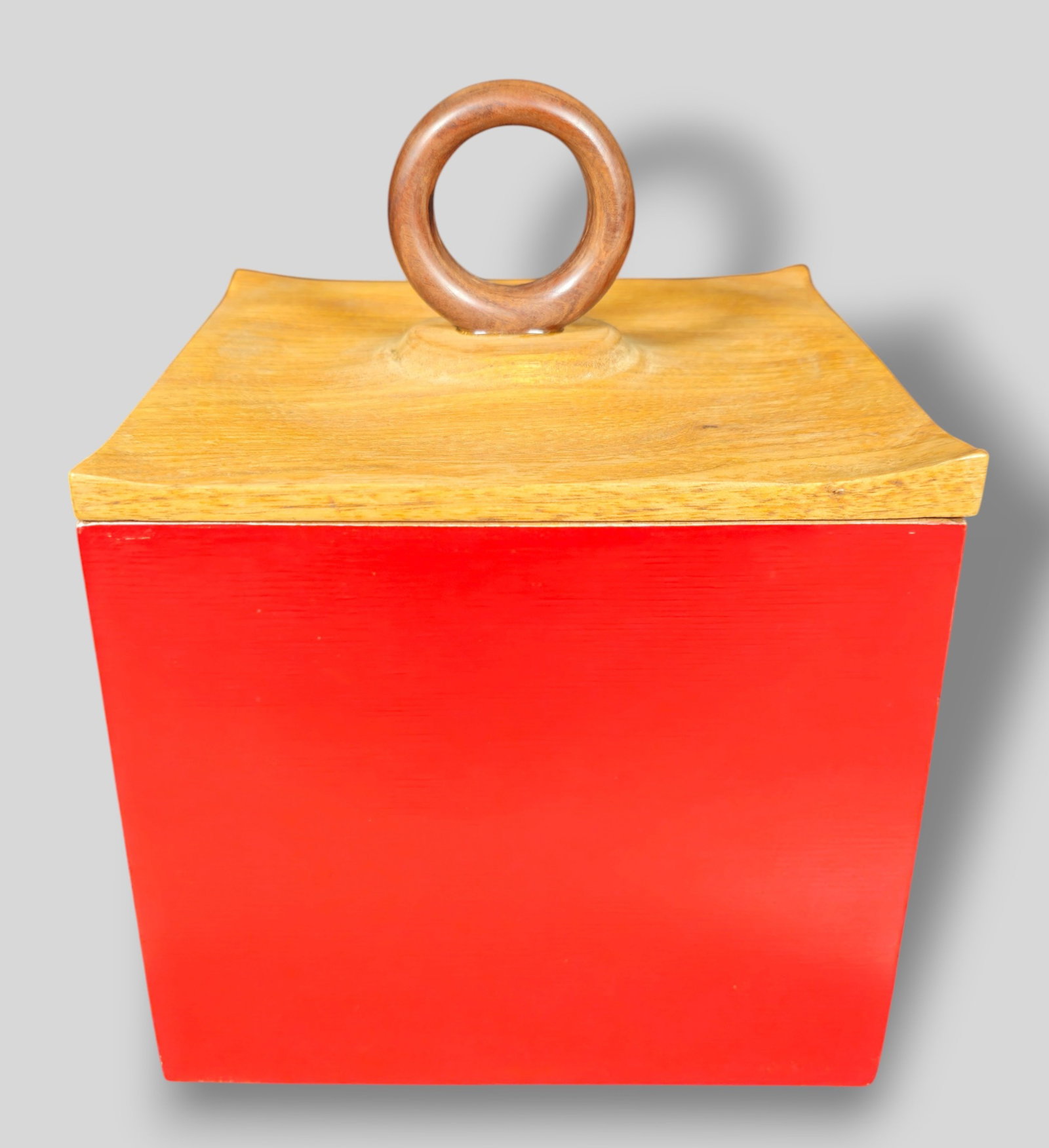 American Studio Craft Lidded Box: American Studio Craft Lidded Box. USA. Designer unknown. 1970s. Lacquered wood, walnut, oak, ( Interior) mirrored glass, burl wood and walnut. 7 3/8w x 7 3/8d x 9 1/2h.
