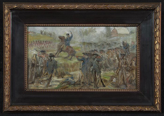 John Ward Dunsmore (Attribution): Oil on canvas. Revolutionary War scene. 7 x 12.