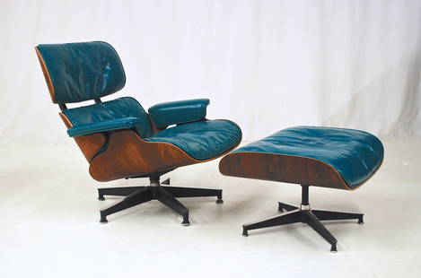 Charles and Ray Eames: Special order 670 Lounge chair and 671 Ottoman. Herman Miller, 1956/1960. Rosewood, leather, enameled aluminum and rubber. This special order chair and ottoman feature pastel blue leather, a rare colo