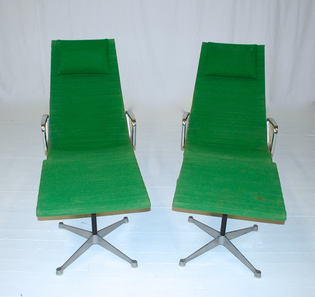 Charles and Ray Eames: Pair of aluminum group chairs and Ottomans, original apple green upholstery, aluminum enameled steel and plastic. Literature: Same as 670 and 671 except ppg 226-229. Chair 25.75W x 32D x 36H. Ottoman 