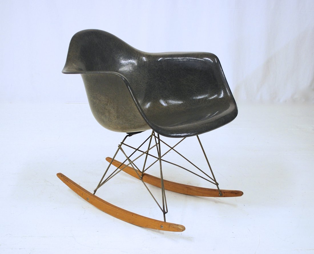 Charles and Ray Eames: 1st Generation. Elephant hide Zenith rocker. Early configuration, checker board label. Rope edge, original birch runners. 27W x 27D x 26H