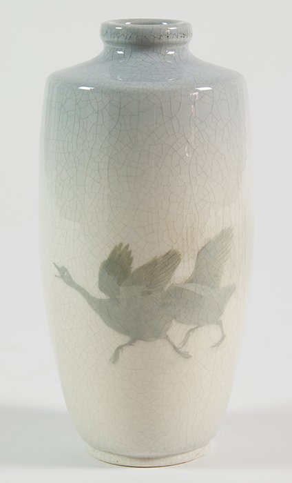 Rookwood Vase By Matt Daly: Signed on base, dated 1898 with shape number “735” and second “X”. Scenic vellum with three geese preparing to take flight with reeds in background, 7” high.