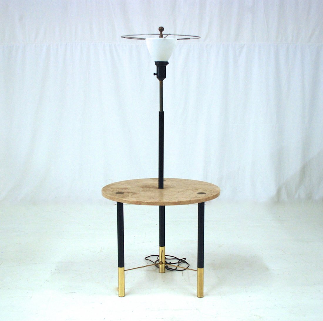 Harvey Probber: Travertine, enameled metal and brass floor lamp. Original finial, no shade. 51.5H