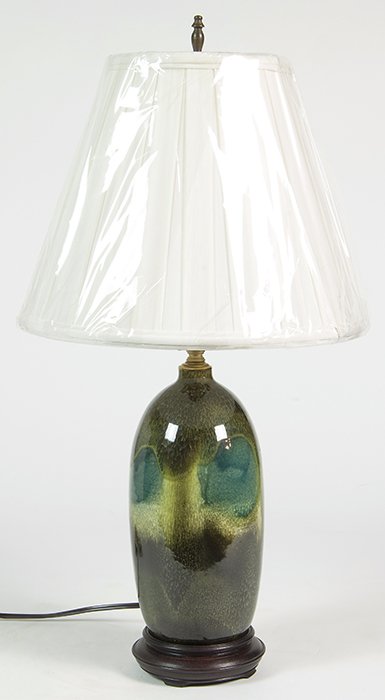 Jean Besnard: Rare three tone glaze ceramic lamp, originally made for a lamp. Early signature to underside, new shade. JB. 22H
