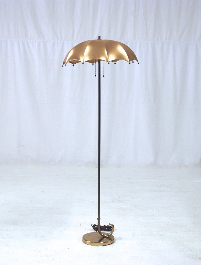 Gilbert Rohde: Mutual Sunset Lighting Corporation. Brass plated metal in form of an umbrella. Size. 49H