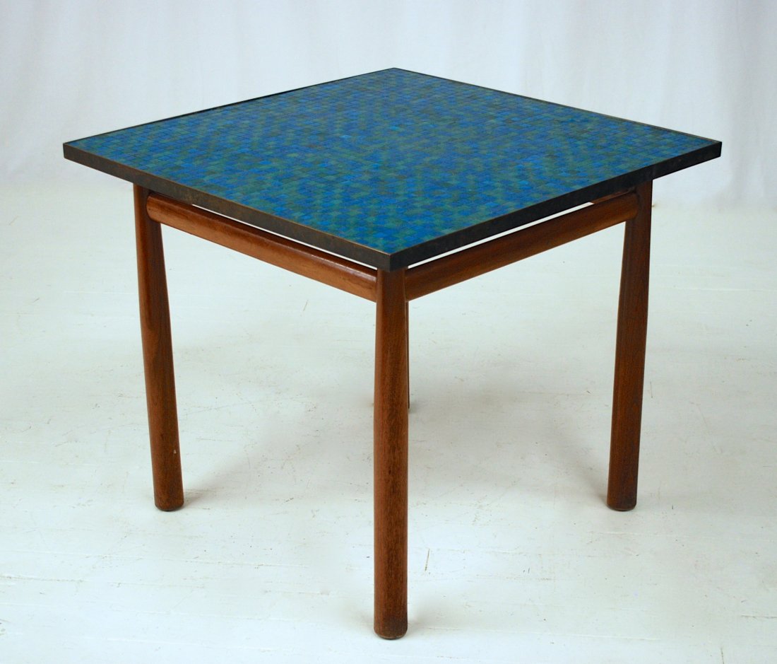 Edward Wormley: Fabulous and rare Dunbar center table, blue and green Murano tile top with brass trim on Mahogany tapered legs. Early green label and bi-fold label. 33W x 33D x 29.5H