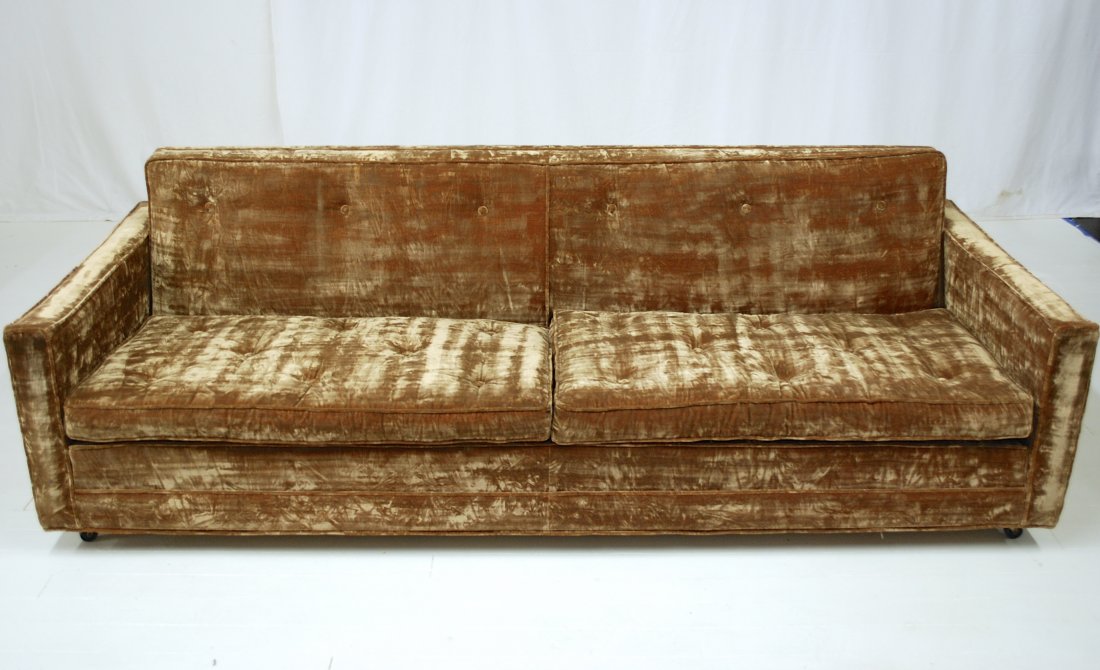 Edward Wormley: Mohair tuxedo sofa on casters. Green Dunbar label. Two loose cushions. 91.5L x 37D x 30H