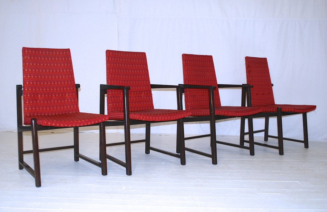 Edward Wormley: Set of four chairs, two arm and two side. Mahogany, brass, and Jack Lenor Larsen upholstery.