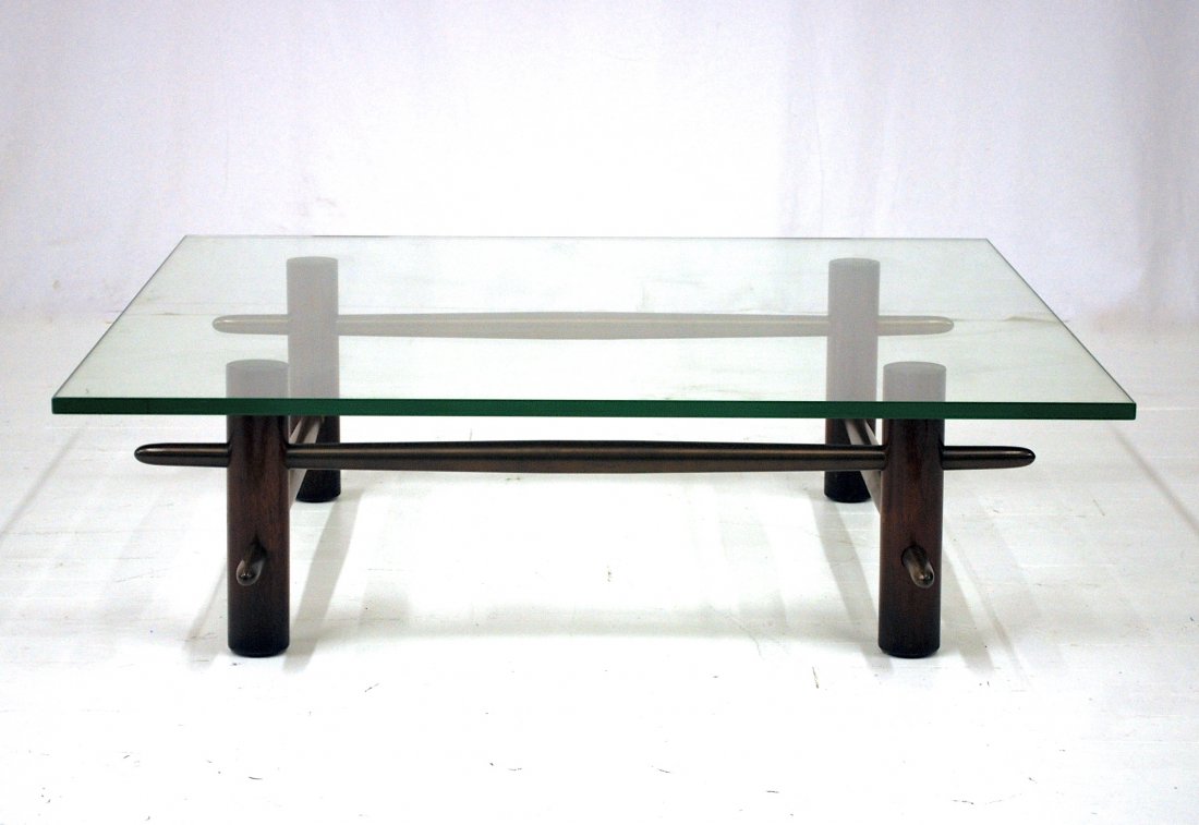 TH Robsjohn Gibbings: Rare and fine Mahogany and brass coffee table. Original dark finish. Widdicomb. 45 x 45 x 13.5