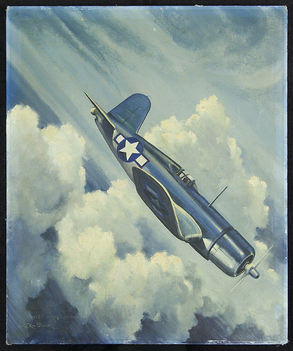 Eric Sloane: Oil on Masonite of war plane in sky with clouds. Signed LL. 24 x 20 Unframed