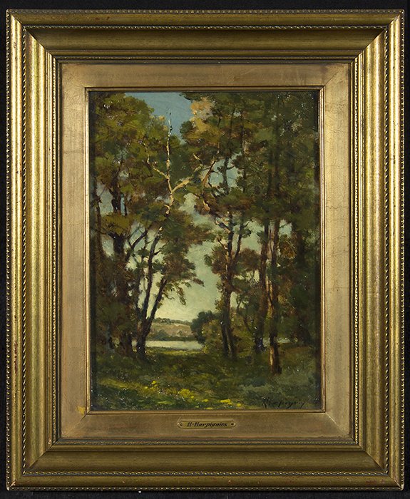 H. Harpiqnies (1819-1916): Oil on canvas landscape. Very well executed in original gilt frame. Signed LR on cradle stretcher. Size 14.5 x 10.5 Framed at Traxel Galleries.