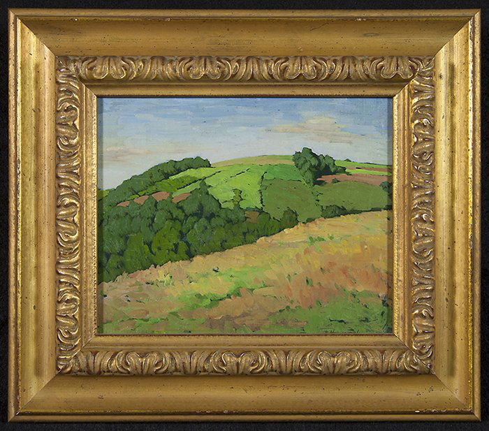 Bessie Hoover Wessel: Outstanding oil on board of pasture. Signed LR. Housed in appropriate gilded frame. Old Cincinnati Art Gallery, Main Street label. Size 8 x 10.