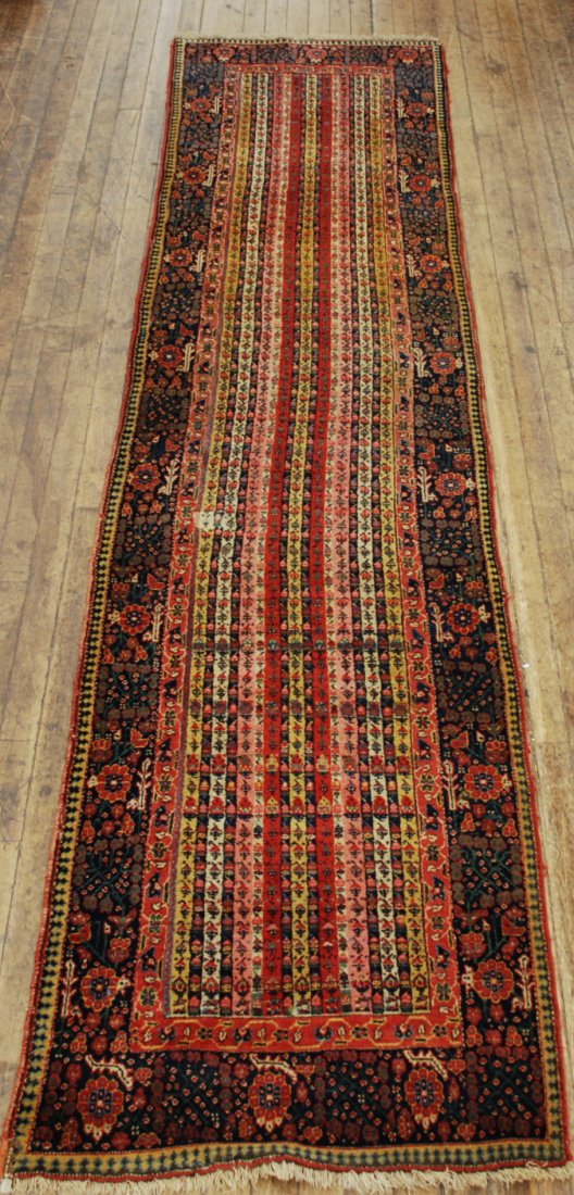 Oriental Runner: This rug is 188 inches long. There was a mistake not 88 inches. Unusual field, blues, reds, yellows, rose, floral border. (Awesome design) 43" x 188". Collection of Charles Fullgraf. All rugs are bein