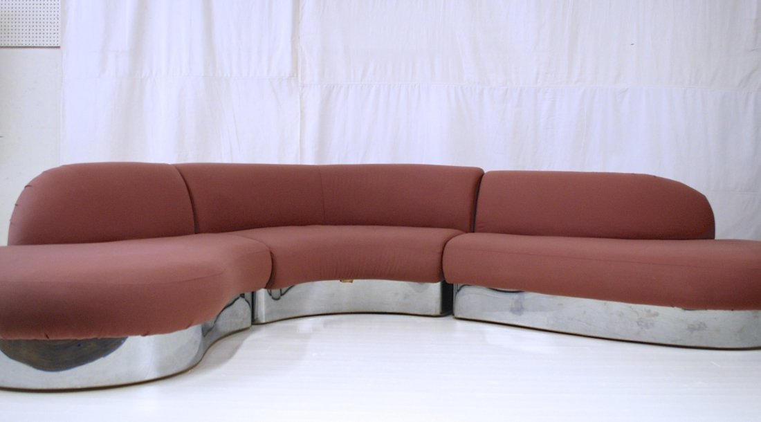 Milo Baughman: Three piece sectional sofa. Thayer Coggin, 1965, Wool upholstery, chrome plated steel, wood. Manufacturer's label to underside. This sofa could be used as a two piece sofa as well. 202W x 105D 32H