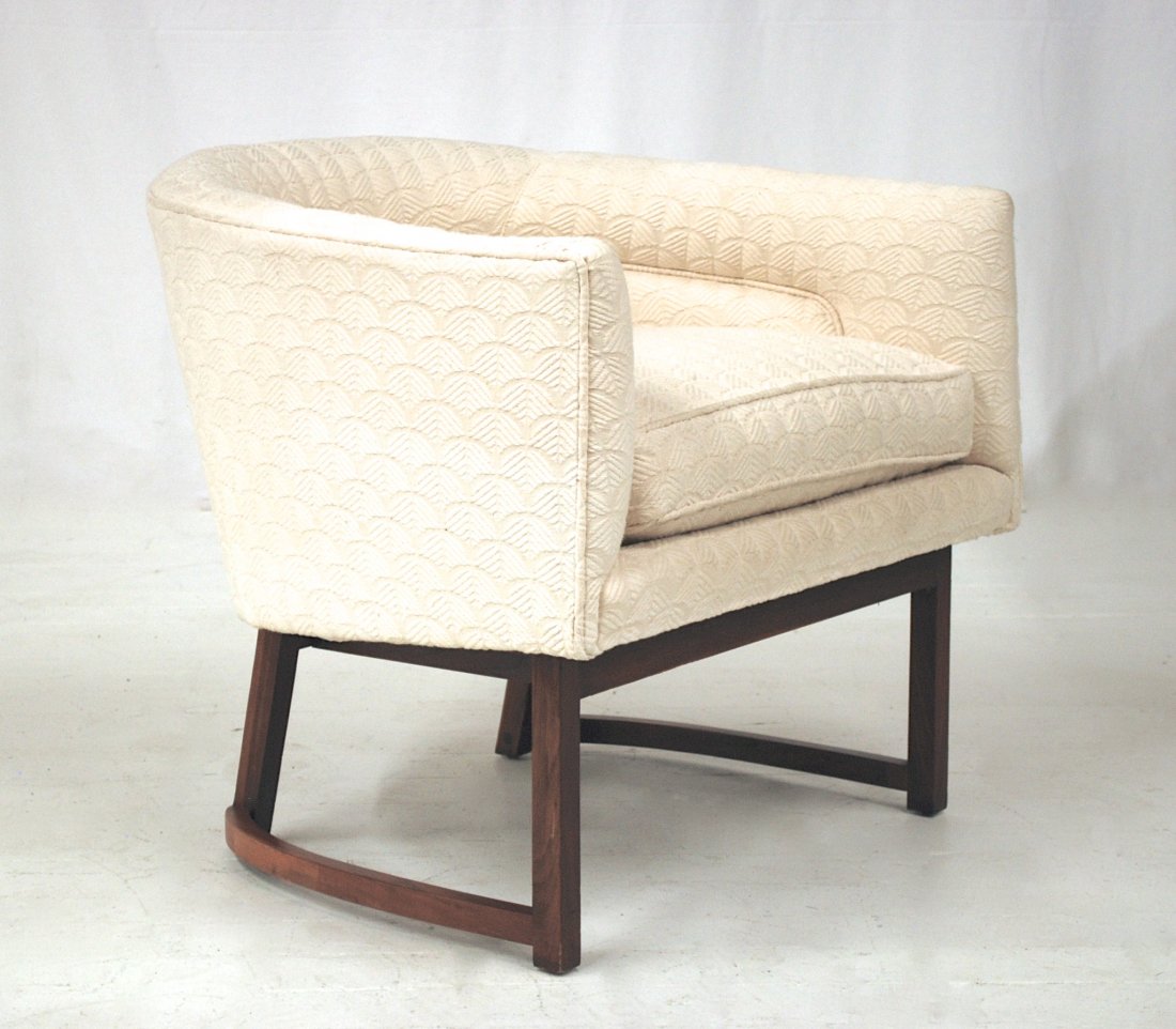 Milo Baughman: Upholstered curved back loose cushion chair. Walnut frame, curved stretchers. 26.5W x 26D x 25H.