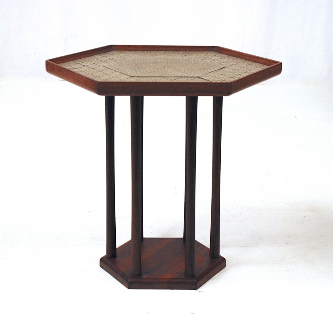 Gordon and Jane Martz: Walnut and tile hexagonal side table. Marshall studio. 19 x 19 x 20.75