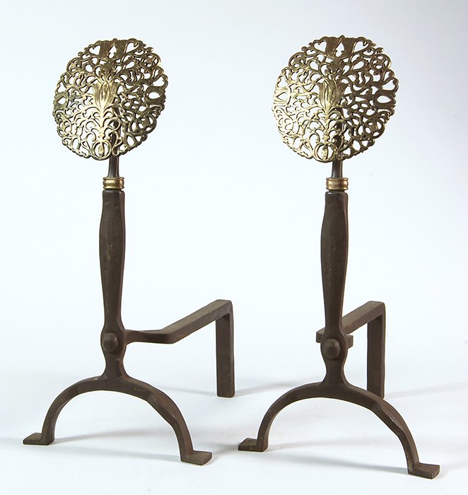 Sunflower Andirons.: Sunflower andirons. Brass and iron. 28H