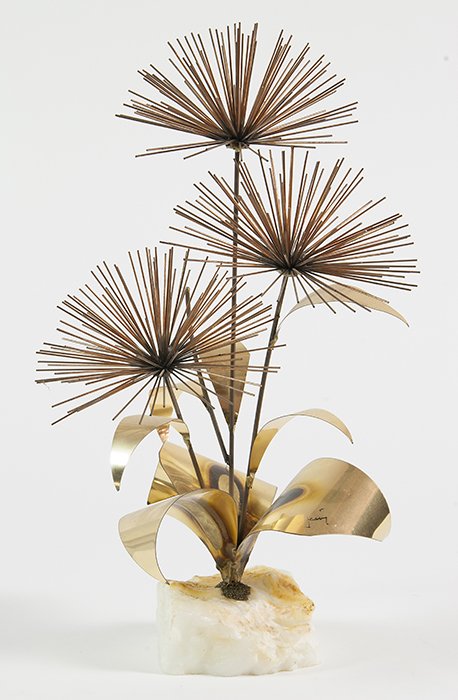 Curtis Jere Style Sculpture: Three bud flower sculpture. Brass and brass and quartz. Signed. 13W x 10D x 20.5H