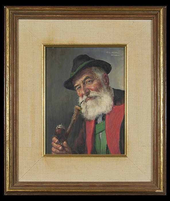 Fritz Muller (1913-1972): Oil on board of elderly man smoking pipe. Great detail. Signed UR. 9.5 x 7.25