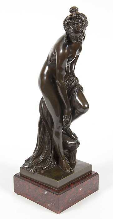 Nude Bronze Sculpture of Venus: Late 19th century, likely French with foundry mark on plinth of a 5-pointed star over “A:D” over “Delafontaine”, in fine bronze patina on red veined marble base, 22.5” high. From the Estate 