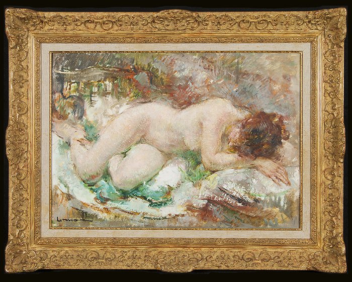 Maryse Ducaire-Roque (1911 - 1992) Painting: Expressionist painting of nude female on side, oil on canvas signed LL. original ornate frame. 18 x 25.75. From a Prominent Kentucky Estate.