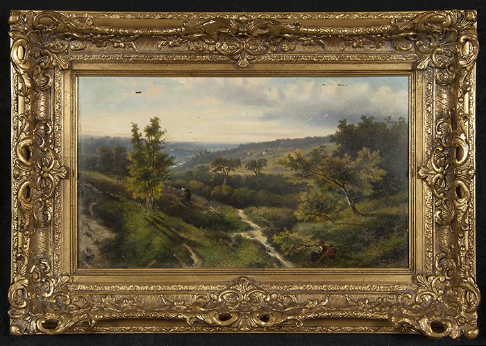 Herman Kraimer Painting: Oil on panel painting of figures in landscape with hills, birds and houses in distance, circa 1860. Housed in ornate period frame. Originally purchased from Gregory Laethan. 13.25 x 21.25. From a Prom