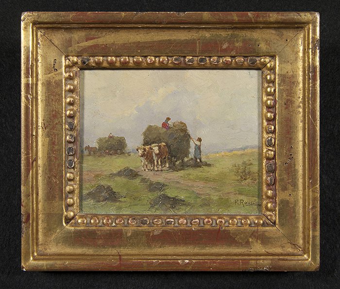 Felix Roussel Painting: Miniature oil on board painting titled "Harvest Time" housed in a gilt frame signed LR. 3.5 x 4.5. From a Prominent Kentucky Estate.