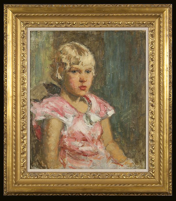 Jesse De Viney Painting: Impressionist style portrait of a young girl, signed LR. and housed in a gilt frame. 24 x 20. From a Prominent Kentucky Estate.