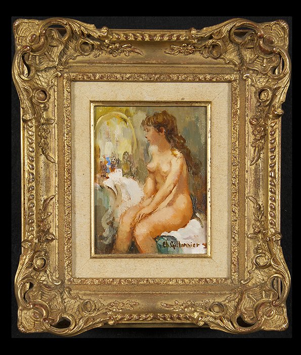 Charles Gillonnier Paintings: Oil on canvas of young nude woman sitting on bench looking in vanity mirror. Signed LR. and housed in an ornate frame. 7 x 5.5. From a Prominent Kentucky Estate.