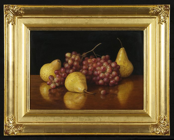 Sally Schrohenloher: Oil on canvas titled " Yellow Pears and Red Grapes". Housed in gold gilded frame. Signed LR. 14 x 20.