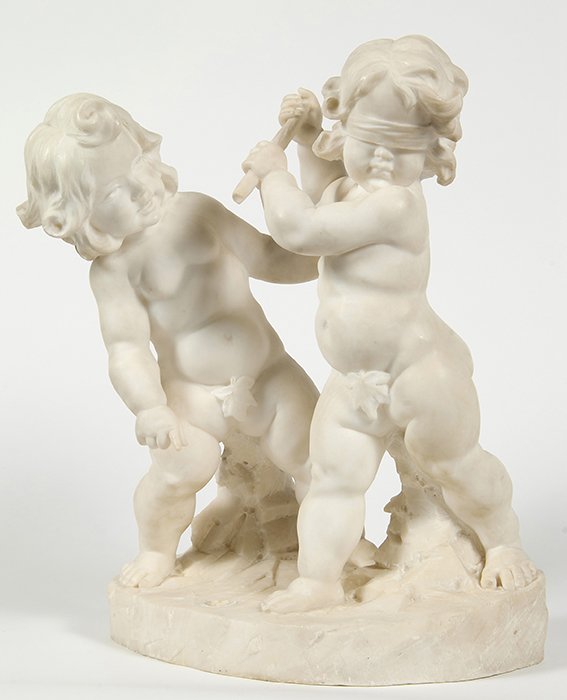 A. Cipriani Marble Sculpture of Putti at Play: Two child like putti, one leading the other, who is blindfolded and swing stick, circa 1870, signed on base as above, 14 x 9.5 x 18.5” high. From the Estate of William Applegarth.