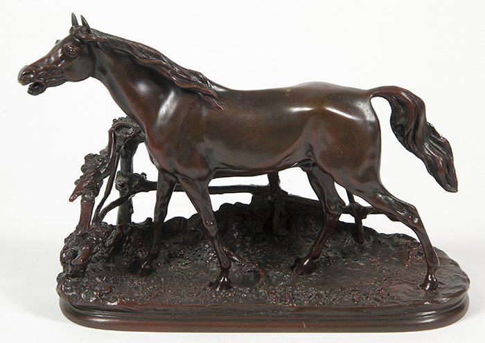 Pierre-Jules Mene: Recast bronze sculpture of horse standing by a fence. 10 x 4 x 7.25. From a Prominent Kentucky Estate.