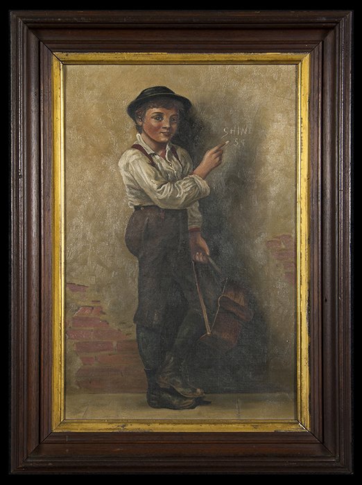 John George Brown (1831 - 1913)(attribution): Oil on canvas of school boy writing on wall holding his bag. Fine detail, appears unsigned. 18 x 12. From a Prominent Kentucky Estate.