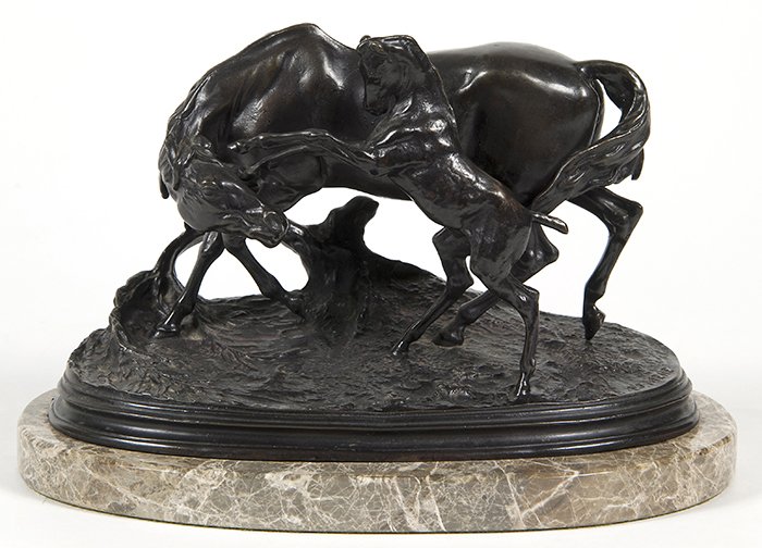 Piere-Jules Mene: Bronze recast of two horses playing. 10.5 x 5.5 x 7h. From a Prominent Kentucky Estate.