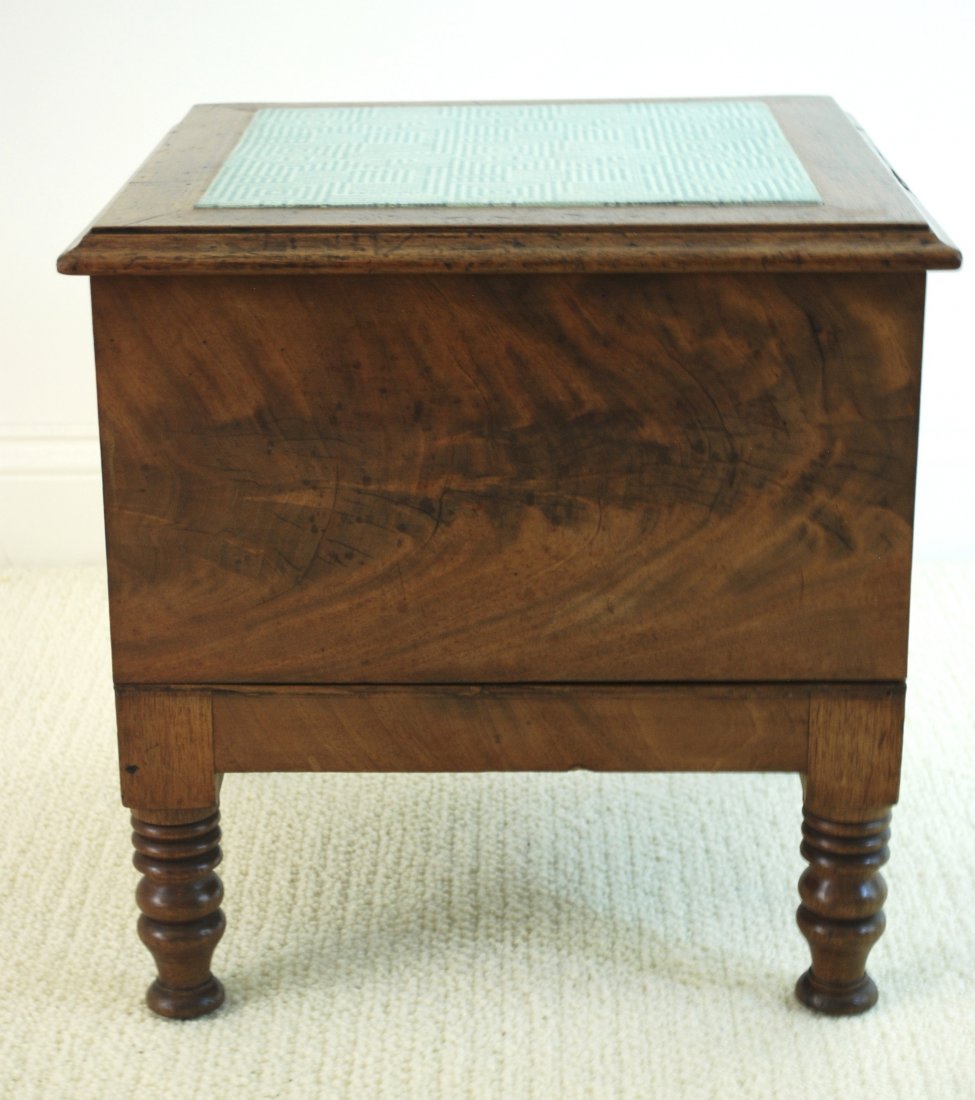 Regency Mahogany Footstool and 19c Commode: With upholstered top, gadrooned edge and beaded above scroll cut feet, circa 1830, 12.8” square x 12” high. From a Prominent Kentucky Estate.
