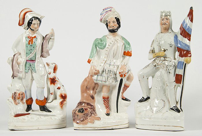 Two Staffordshire Figures: Circa 1860, including “The Lion Slayer” and French King with flag, 16.5 & 16” high. From the Estate of William Applegarth.